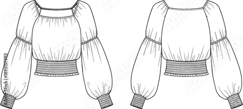 Women’s smocked waist peasant blouse technical flat sketch with puff sleeves, front and back view vector illustration for fashion design and apparel manufacturing reference