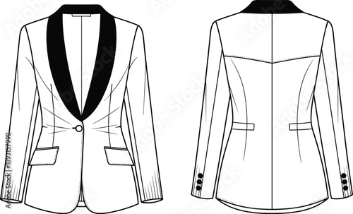 Women’s tailored blazer jacket technical flat sketch with shawl lapel, front and back view vector illustration for fashion design and apparel manufacturing reference