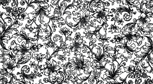 Seamless black and white floral pattern featuring a vintage damask ornament with ornate swirls and nature inspired leaf illustrations for a retro textile wallpaper design