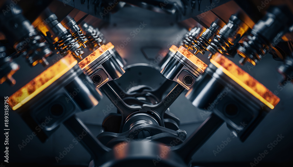 Naklejka premium Close-up of a V8 Engines Pistons Firing with Intense Heat and Power.