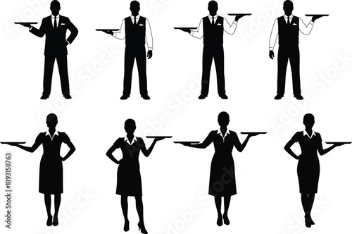 Waiter and waitress silhouette illustration set showing restaurant staff holding serving trays, hospitality service poses, catering profession, hotel and food service concept, black vector collection
