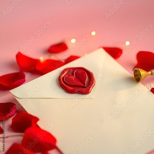 A romantic white envelope with a red heart-shaped wax seal on a pink background surrounded by rose petals