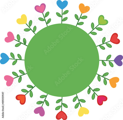 Colorful heart flowers circle frame vector illustration with green leaves round border love nature decorative background isolated