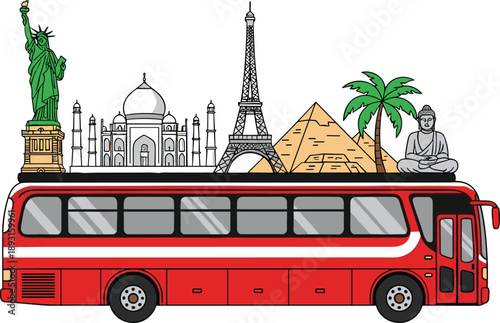 World travel bus vector illustration with famous landmarks monuments tourism journey concept flat design isolated white background graphic