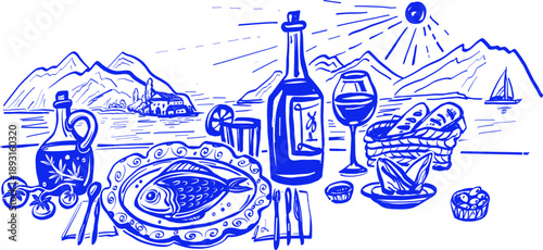 Hand drawn blue line sketch of a romantic seaside lunch table: grilled fish on plate