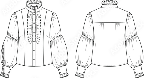 Technical fashion illustration of Victorian ruffled blouse with long puff sleeves and panel detailing, front and back views, 