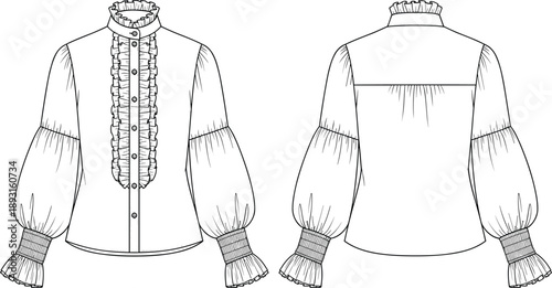 Technical fashion illustration of Victorian style ruffled blouse with puff sleeves and flounced cuffs, front and back views, 