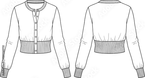Technical fashion illustration of women’s cropped cardigan sweater with ribbed waistband, front and back views,
