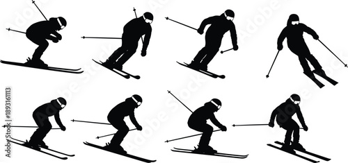 Skier silhouette sequence showing alpine skiing actions and downhill movement isolated on white background for winter sports design, outdoor activity illustration and athletic motion concepts