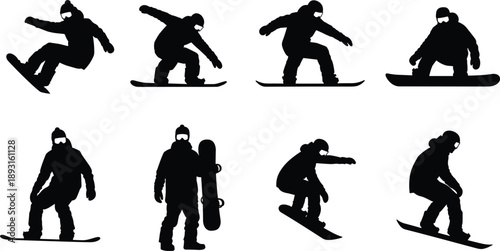 Snowboarding silhouette illustration set showing winter sport athletes performing freestyle jumps and riding poses, extreme cold weather adventure, alpine action, black vector collection isolated