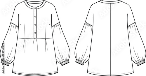 Technical fashion flat sketch of long sleeve mini dress with puff sleeves and button front, front and back views, clean vector line art