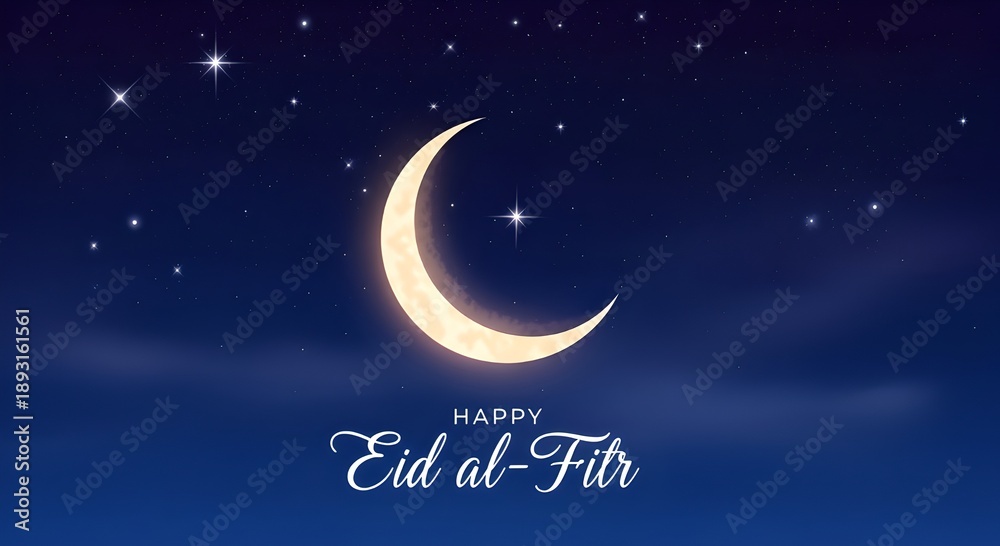 Naklejka premium Crescent moon shining brightly in the starry night sky celebrating Eid al-Fitr with festive stars surrounding it