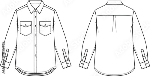 Technical fashion illustration of classic button up work shirt with chest pockets, front and back views, clean line art vector for apparel design
