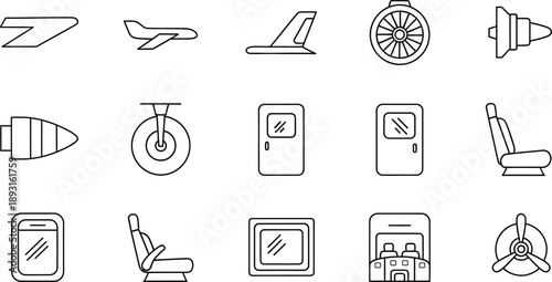 Simple line art icons representing various components and elements of an airplane