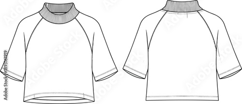 Technical fashion illustration of cropped mock neck top with raglan short sleeves, front and back views, clean line art vector for apparel design