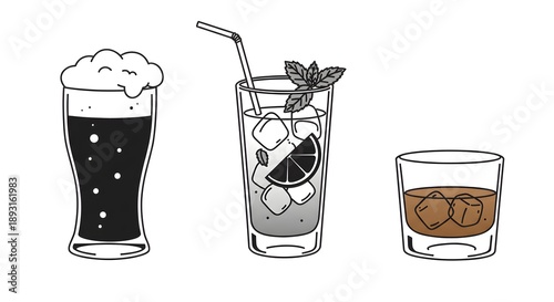 Line art illustration of three drinks beer, cocktail, and whiskey, each with ice