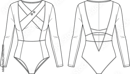 Technical fashion illustration of long sleeve bodysuit with crossover strap detailing, front and back views, clean line art vector for women apparel design