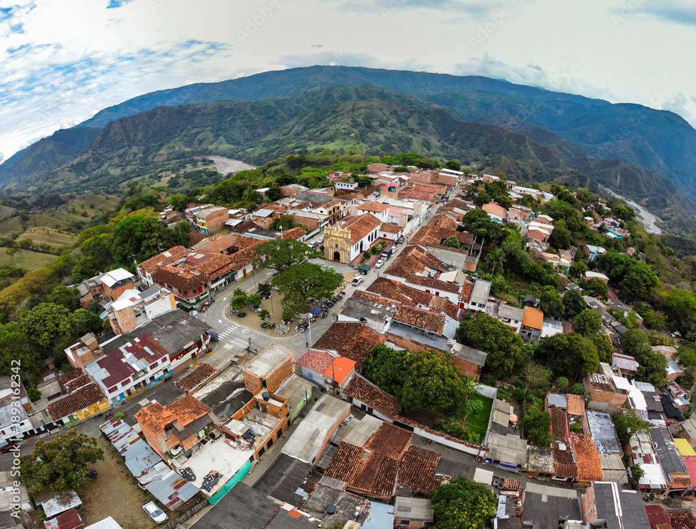 Naklejka premium Anza, Antioquia - Colombia. January 25, 2026. Aerial drone shot. In 1813, the municipality was established.