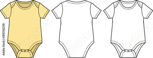 Baby Bodysuit Technical Flat Sketch - Infant Onesie Vector Template Front and Back View