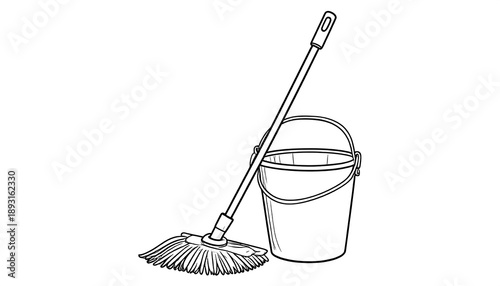 Line art illustration showing a cleaning mop leaning against a bucket