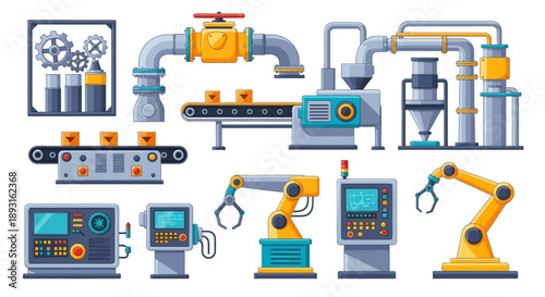 Industrial Automation Equipment Set with Robotic Arm, Control Panels, Conveyor Belt, and Production Machinery on isolated white background