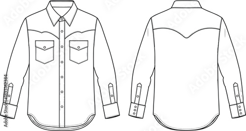 Technical fashion illustration of western style button up shirt with chest pockets, front and back views, clean line art vector for apparel design
