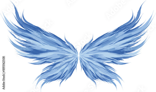 Blue angel wings with detailed feathers spread symmetrically isolated on white background fantasy spiritual tattoo design vector illustration