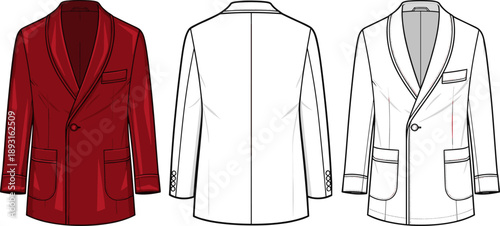 Men's Smoking Jacket Flat Vector Illustration - Elegant Shawl Collar Dinner Jacket Technical Sketch