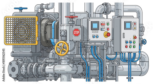 Complex industrial machinery with pipes, valves, gauges, and control panel on a light gray background, illustrating manufacturing process