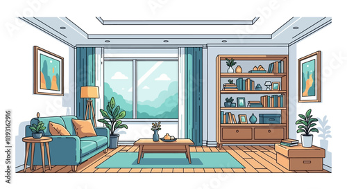 Cozy Living Room Interior with Large Window and Bright Daylight