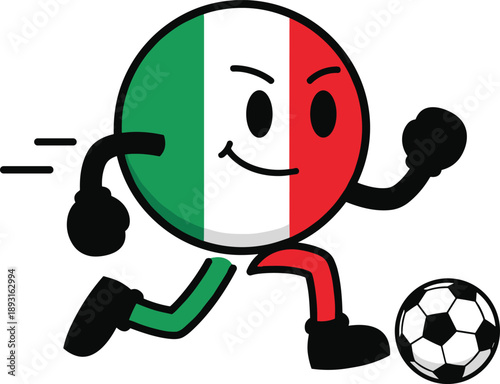 Cute Italy flag mascot playing soccer ball, cartoon football character running, sports fan concept, national team spirit vector