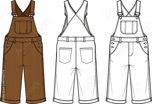 Workwear Overalls Fashion Technical Sketch, Brown Corduroy Dungarees Flat Vector Illustration