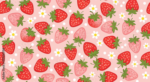 Strawberry Seamless Pattern with Red and Pink Berries and White Daisies on Pastel Pink Background Vector Illustration
