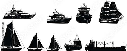 Ship and boat silhouette illustration set featuring yachts sailboats cargo ships and tall ships, maritime transport and sailing concepts, ocean navigation, black vector collection isolated
