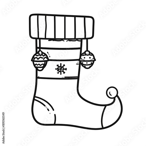 Line art of a festive stocking, with ornaments, snowflake, and a bulbous toe
