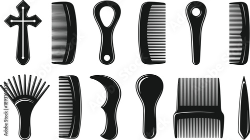 Black silhouette collection of diverse combs and hair styling tools, showcasing unique designs for grooming, fashion, culture, and beauty care