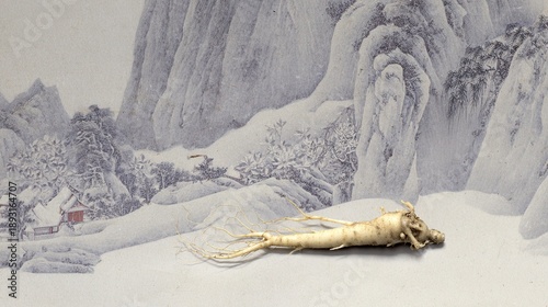 Ginseng root beside ancient Chinese landscape painting on light gray to white gradient background, soft lighting professional still life