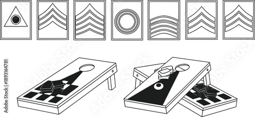 Cornhole boards with geometric designs and framed symbols, combining recreational game setup with visual puzzle and pattern recognition concept