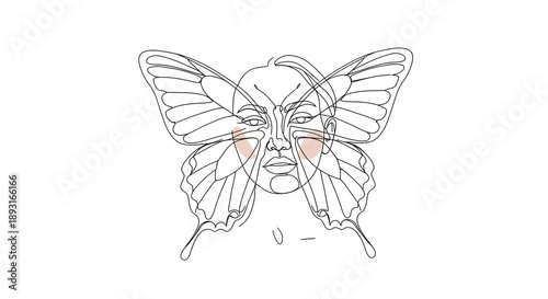 Line drawing of a face integrated with butterfly wings, blush accents, on white