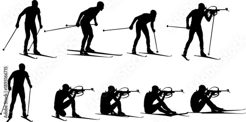Biathlon Skiing Athlete Silhouette Sequence Showing Cross Country Ski Movement And Rifle Shooting Poses, Minimal Black Vector Illustration Set For Winter Sports And Olympic Design Projects