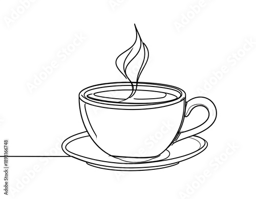 Line drawing of a steaming coffee cup on a saucer. One continuous stroke, minimal design