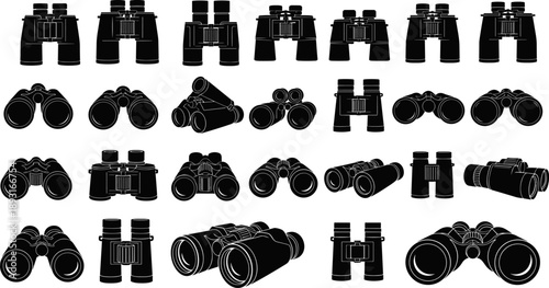 Black binoculars icon collection showing various optical designs, isolated silhouettes for military, hunting, surveillance, travel, safari, and outdoor observation vector illustration set
