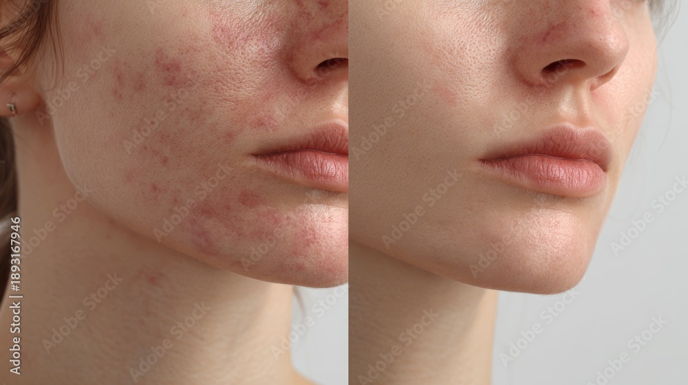 Obraz premium Close-up view of skin showing peeling and pimples on one side and smooth skin on the other side, focusing on the facial features of a woman
