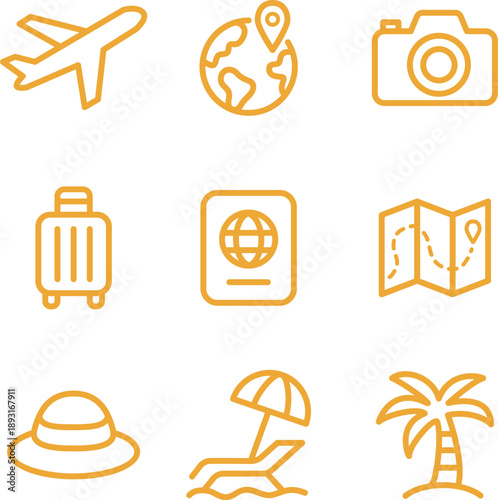 Travel and Tourism Icon Set. Black Line Icons of Airplane, Passport, Suitcase, and More