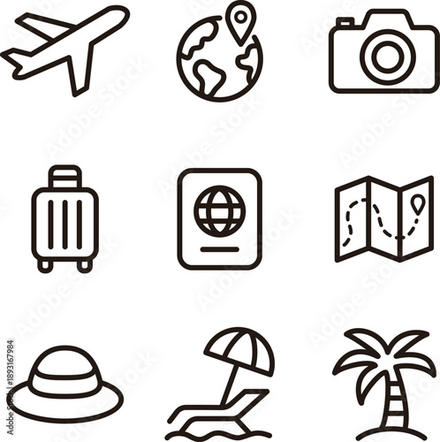 Travel and Tourism Icon Set. Black Line Icons of Airplane, Passport, Suitcase, and More