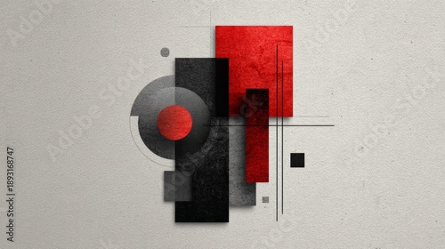 Composition explores tension and control with red and gray shapes on a light background in an abstract artwork
