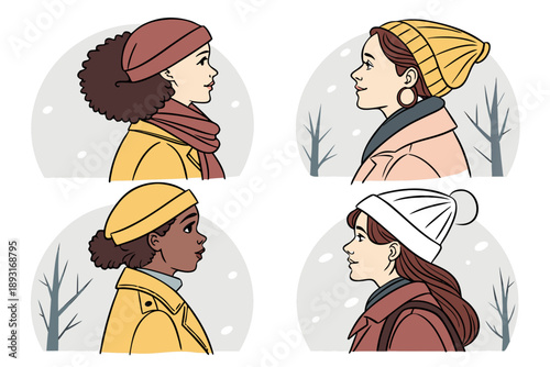 Diverse group of four young women wearing winter hats and scarves, shown in profile against a snowy, wintry background with bare trees, celebrating the cozy feeling of the cold season.