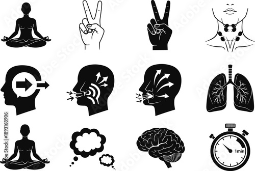 Mindfulness and breathing icon set showing meditation, yoga, brain, lungs and anatomy symbols for mental health, wellness, relaxation and focus concepts illustration collection vector