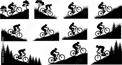 Mountain biking silhouettes collection showing cyclists riding uphill and downhill trails, extreme outdoor adventure sport scenes in bold black vector illustrations for fitness and nature design