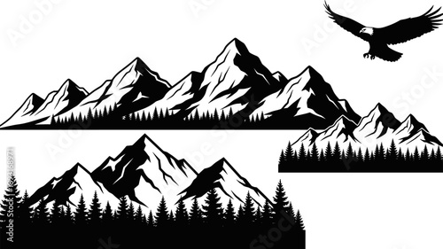 Mountain and forest silhouettes with flying eagle illustrating wilderness freedom, alpine adventure, rugged nature landscape, outdoor exploration, minimalist black vector illustration designv